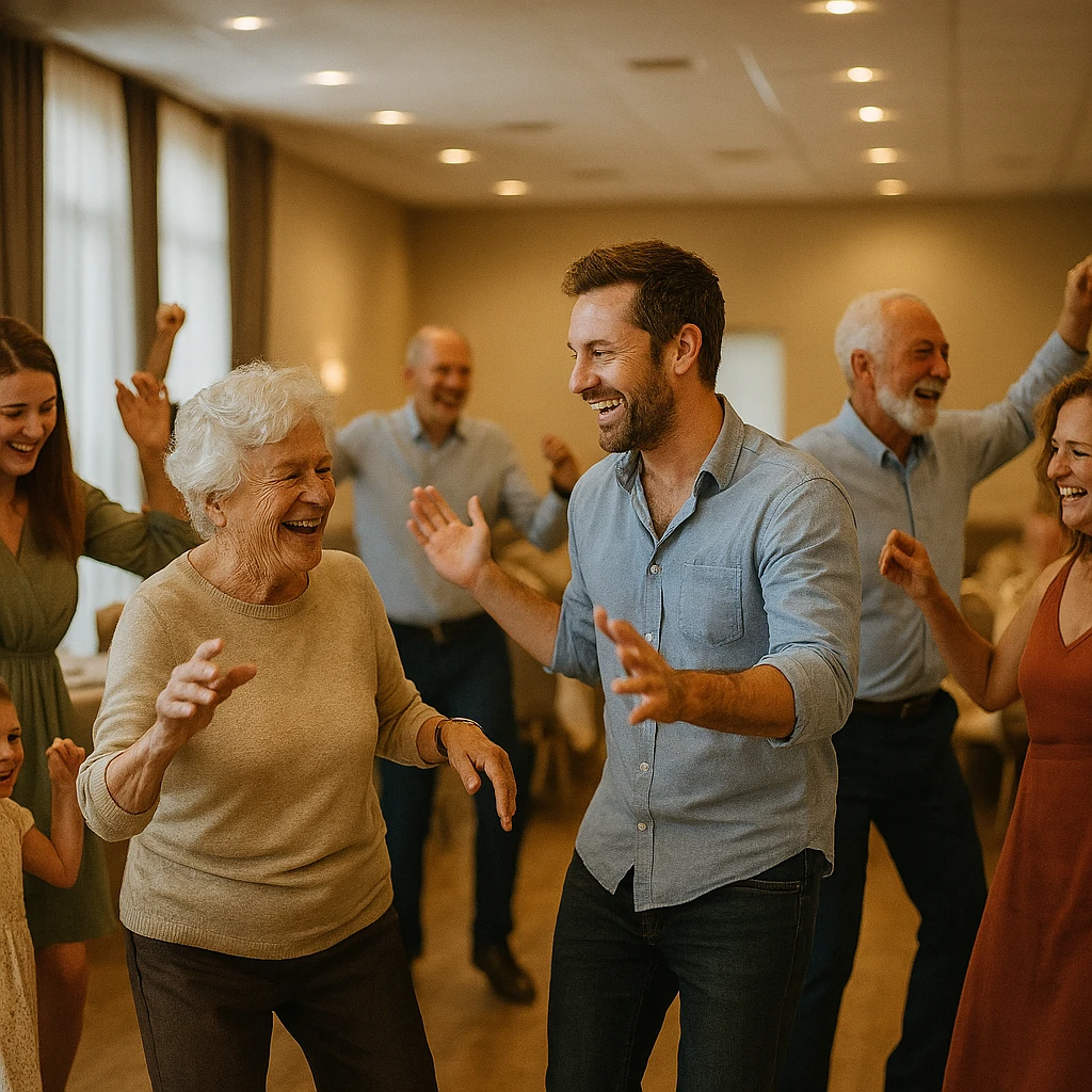 Dansende blije mensen van alle leeftijden op de muziek van 708090disco.nl